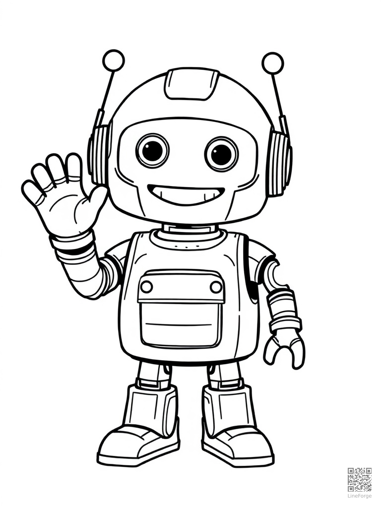 Friendly helper robot waving with a big smile coloring page Contour style - free printable