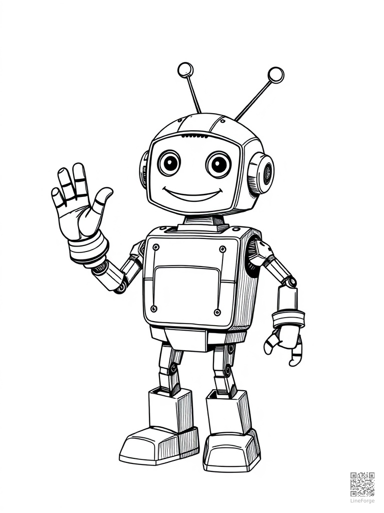 Friendly helper robot waving with a big smile coloring page Crosshatch style - free printable