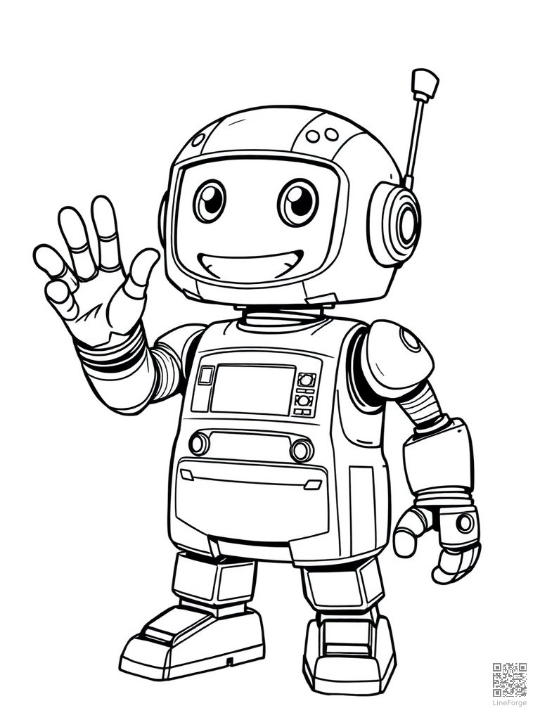Friendly helper robot waving with a big smile coloring page Manga style - free printable