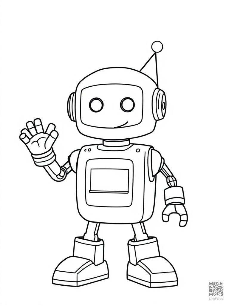 Friendly helper robot waving with a big smile coloring page Minimal style - free printable