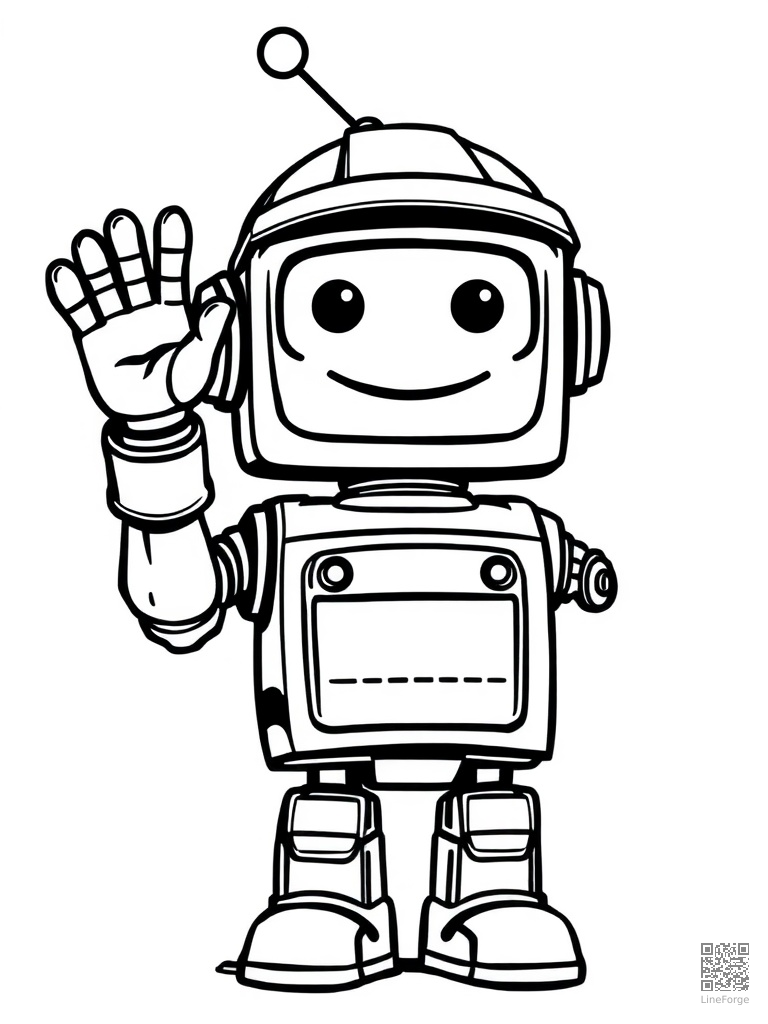 Friendly helper robot waving with a big smile coloring page Woodcut style - free printable