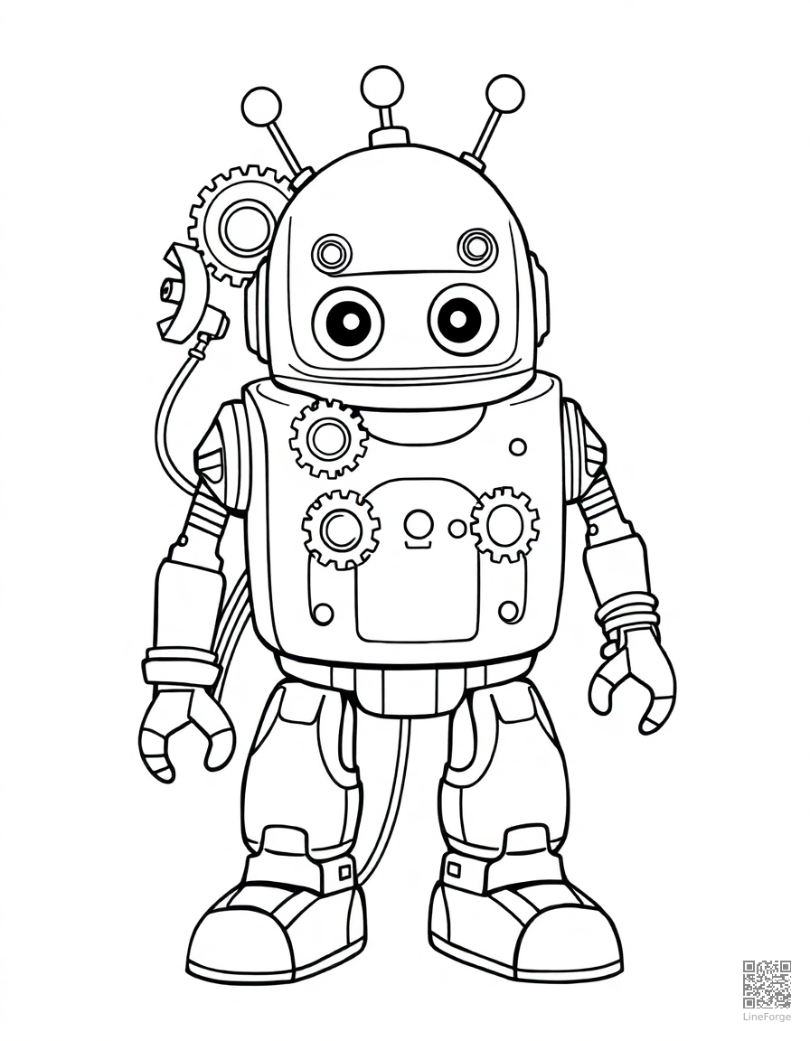 Free friendly robot with gears and circuits coloring page in contour style — printable line art