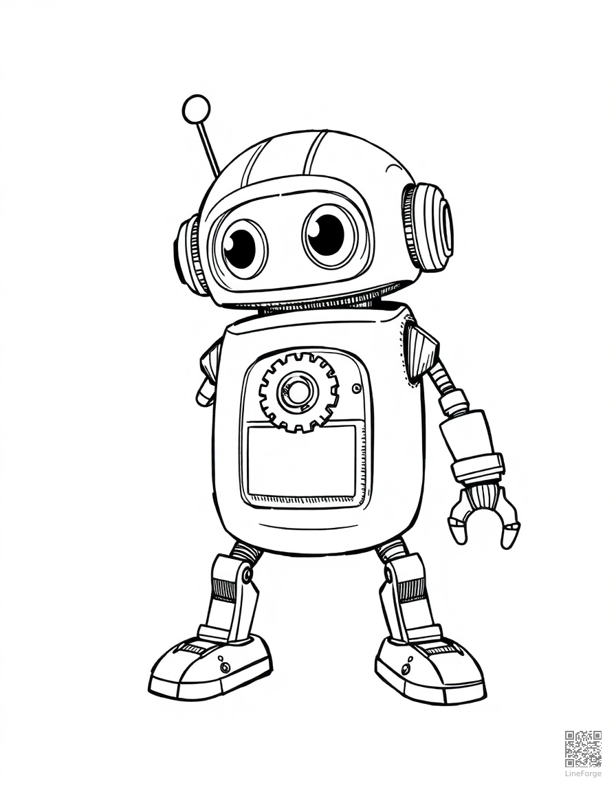 Free friendly robot with gears and circuits coloring page in crosshatch style — printable line art