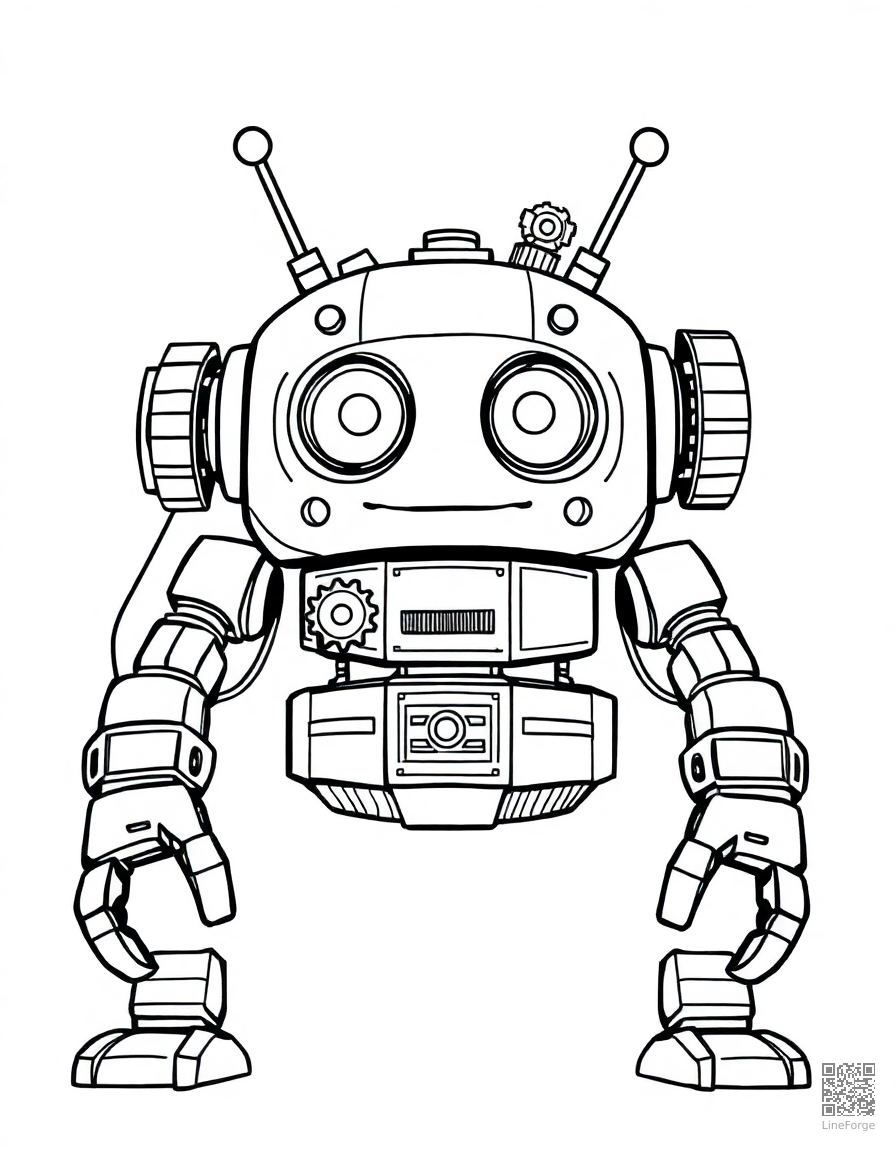 Friendly robot with gears and circuits coloring page Manga style - free printable