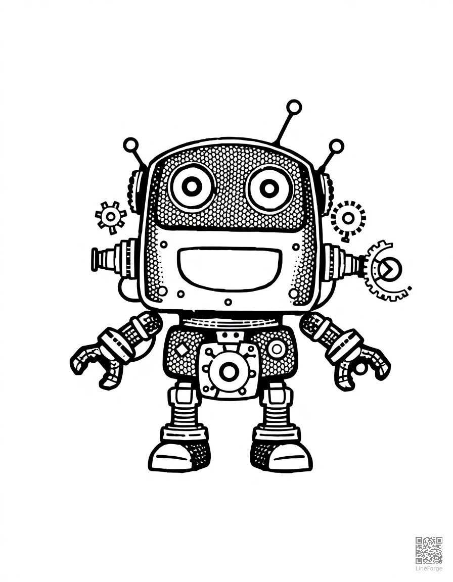 Free friendly robot with gears and circuits coloring page in stipple style — printable line art