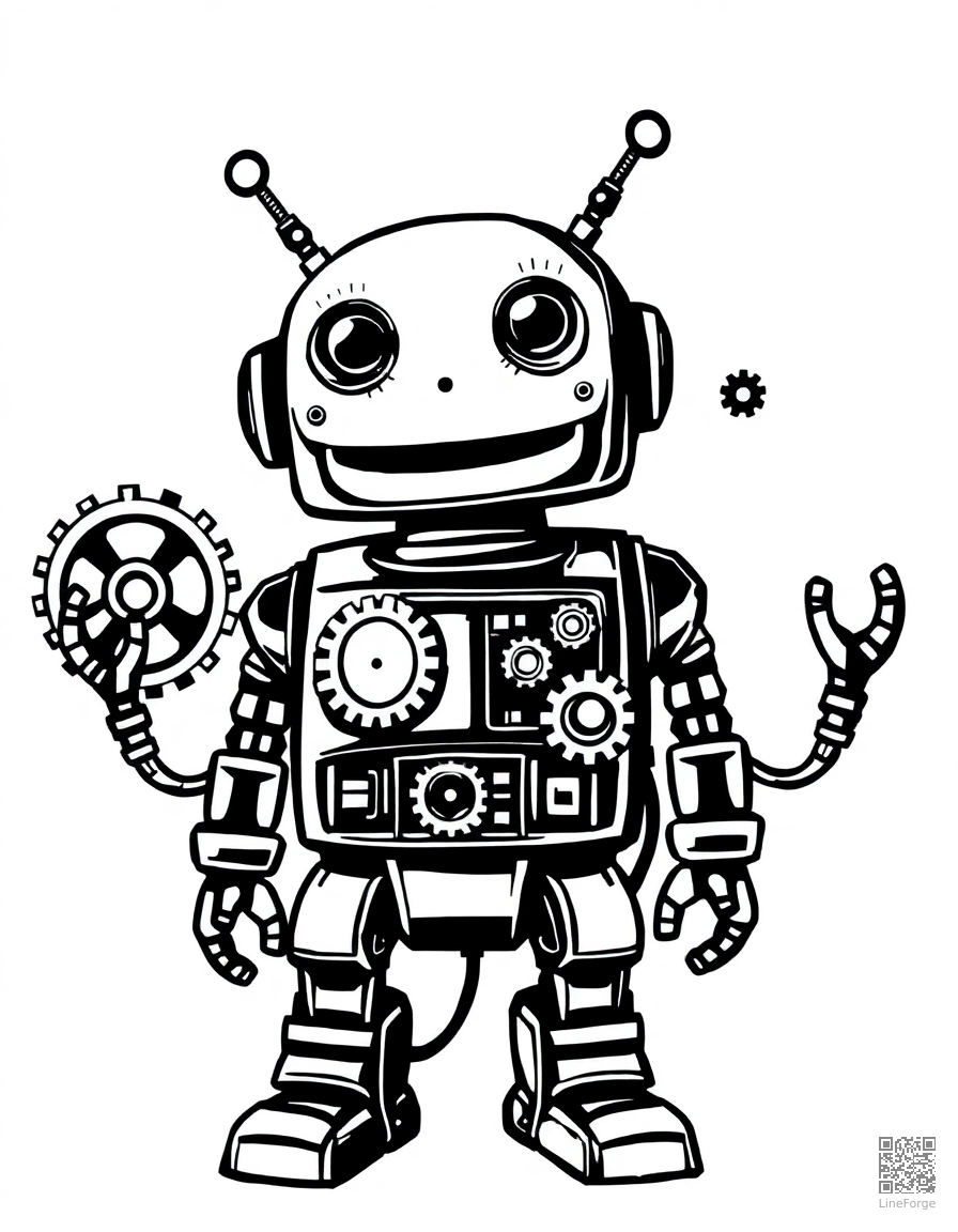 Free friendly robot with gears and circuits coloring page in woodcut style — printable line art