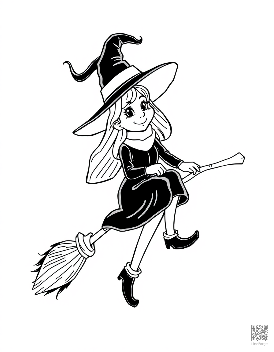 Friendly witch on a broomstick coloring page Contour style - free printable