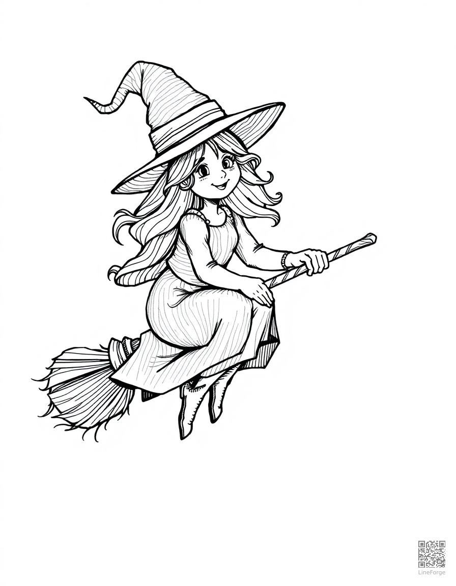 Friendly witch on a broomstick coloring page Crosshatch style - free printable
