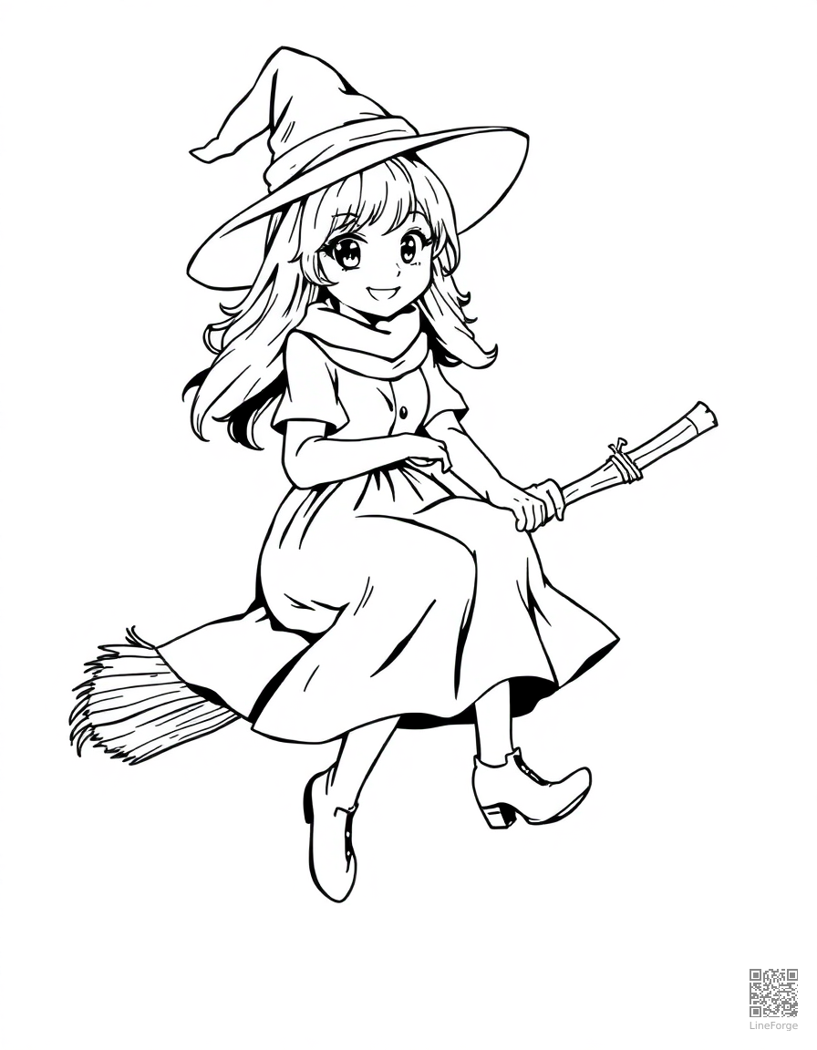 Friendly witch on a broomstick coloring page Manga style - free printable