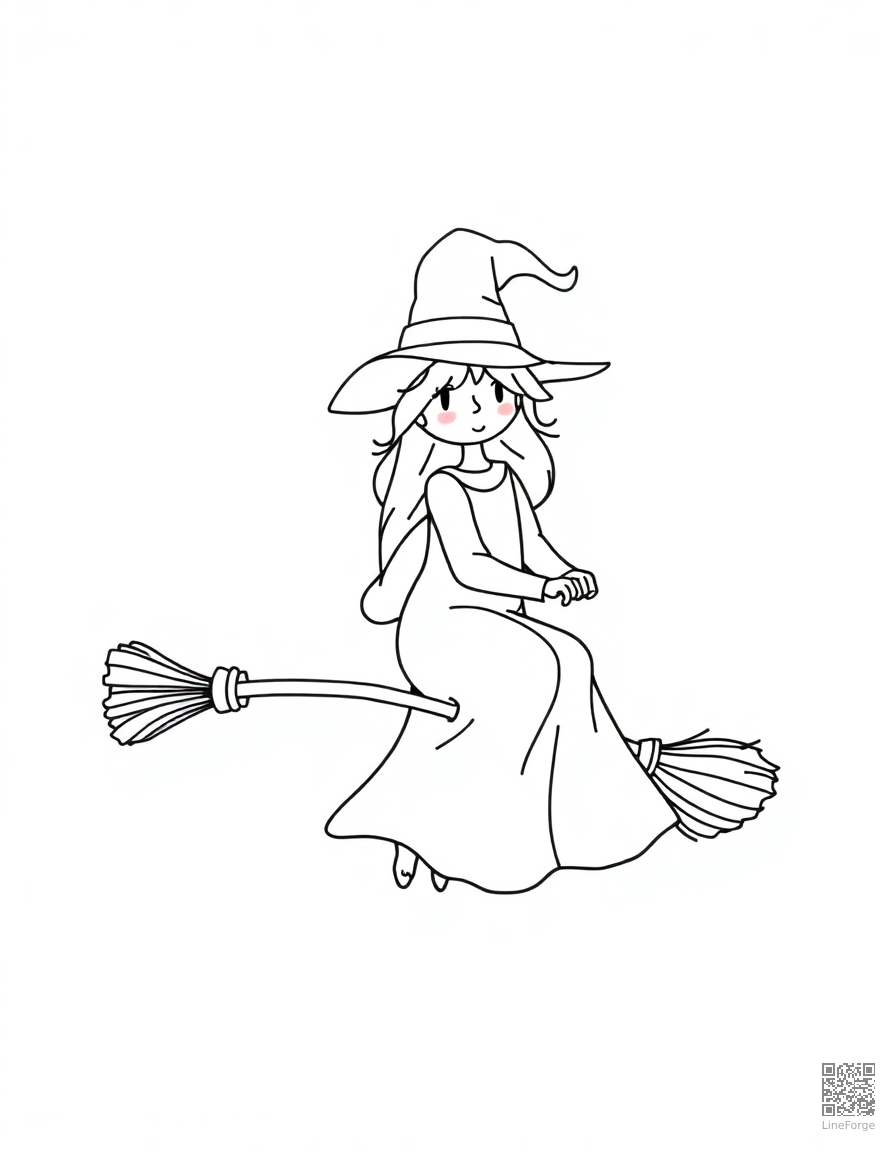 Friendly witch on a broomstick coloring page Minimal style - free printable