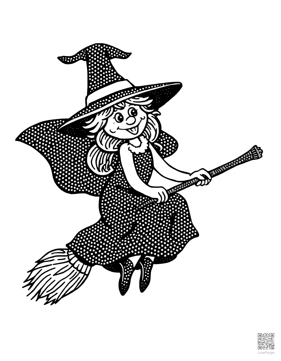 Friendly witch on a broomstick coloring page Stipple style - free printable