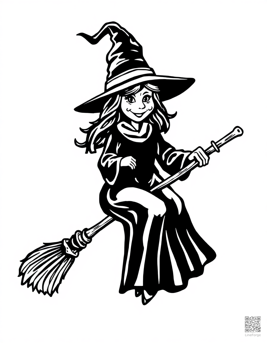 Friendly witch on a broomstick coloring page Woodcut style - free printable
