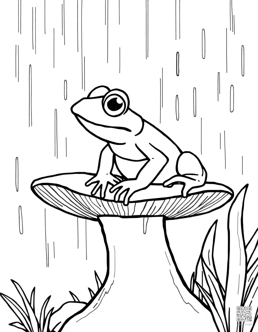 Free frog sitting on a mushroom in the rain coloring page in contour style — printable line art