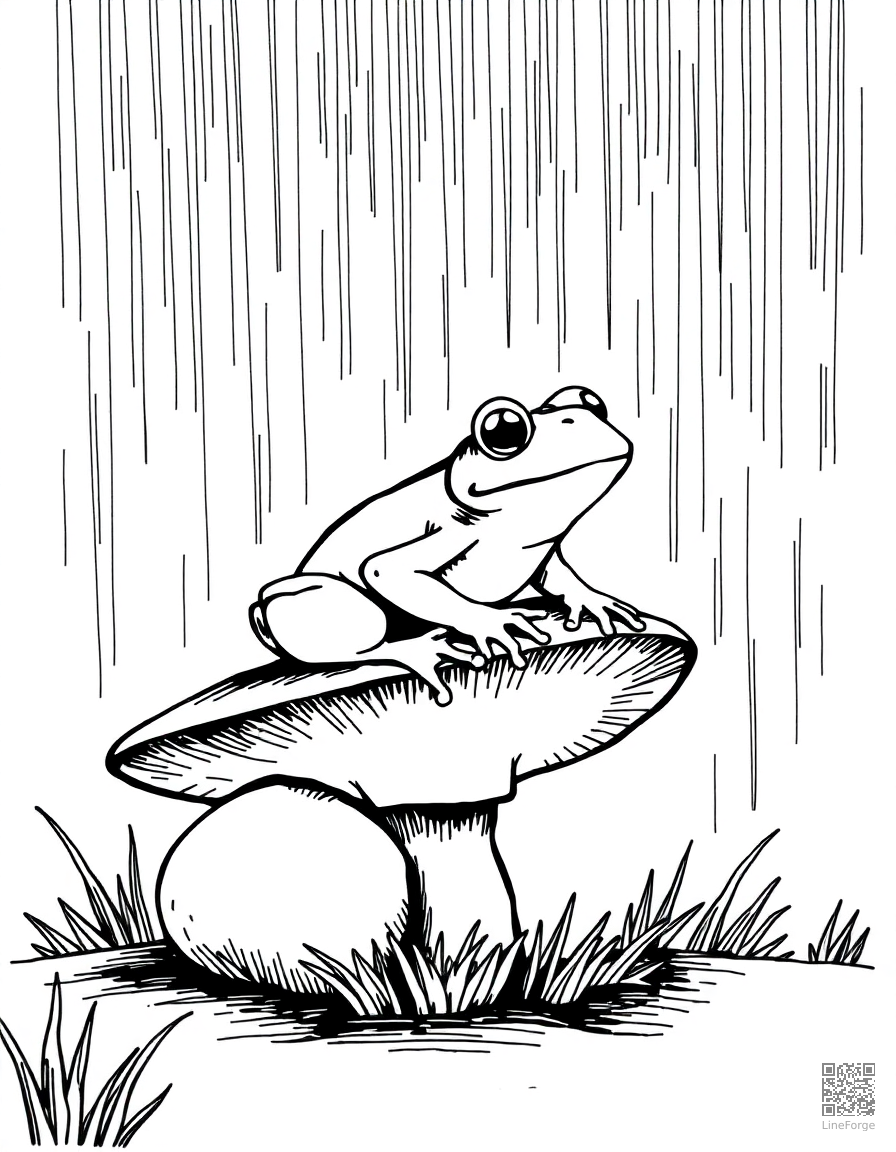 Free frog sitting on a mushroom in the rain coloring page in crosshatch style — printable line art