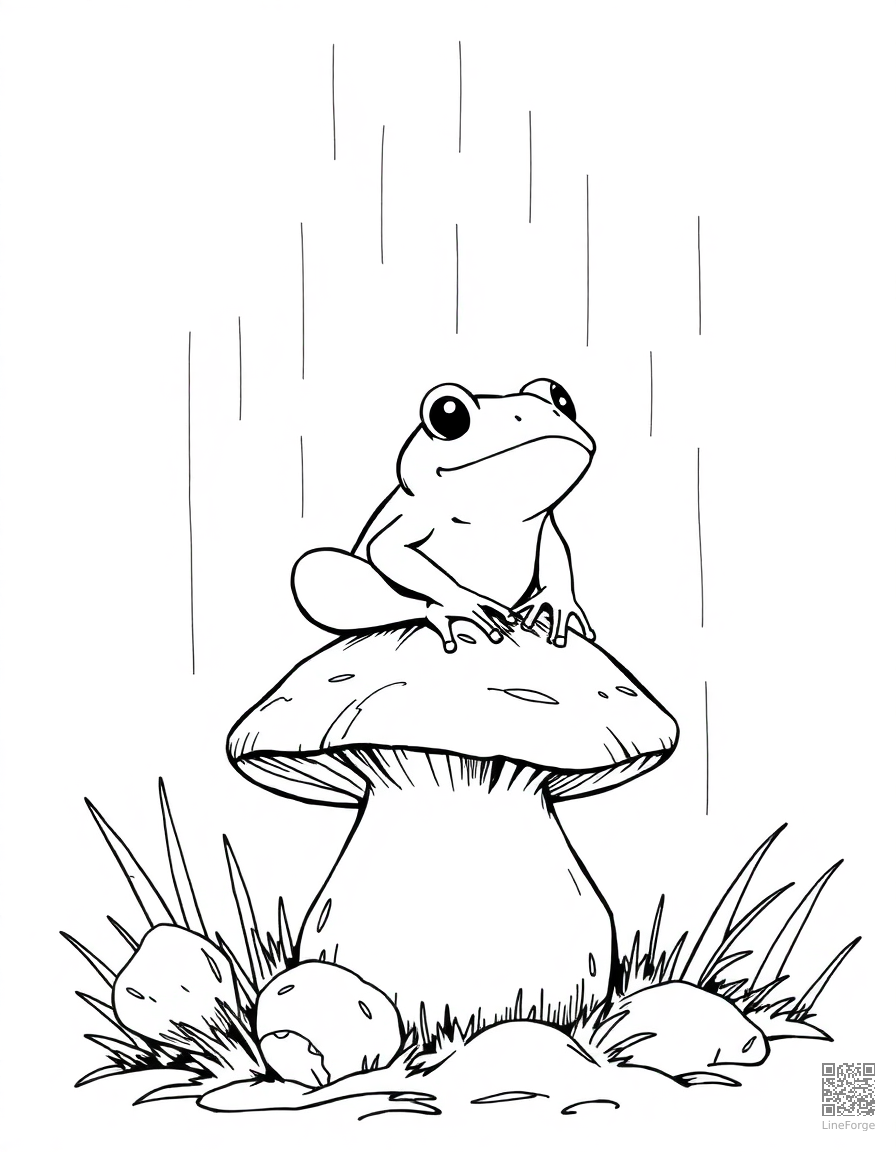 Free frog sitting on a mushroom in the rain coloring page in manga style — printable line art