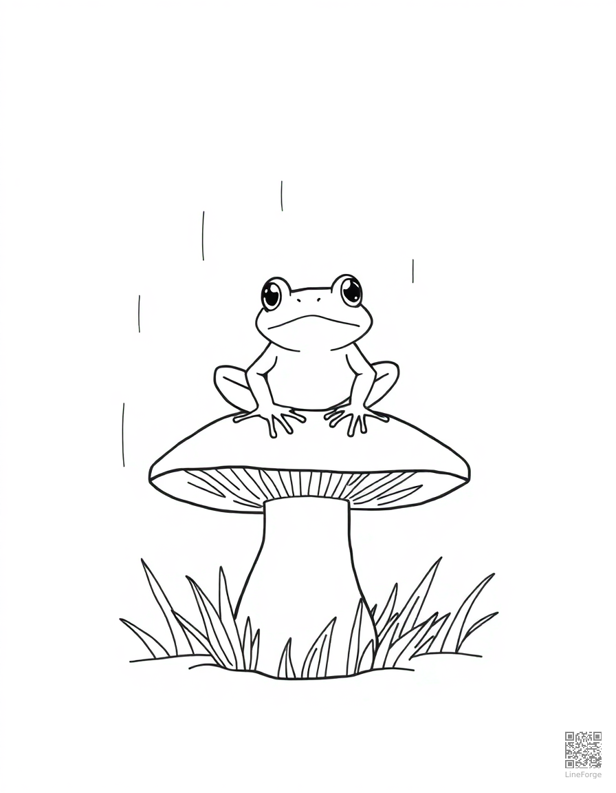 Free frog sitting on a mushroom in the rain coloring page in minimal style — printable line art