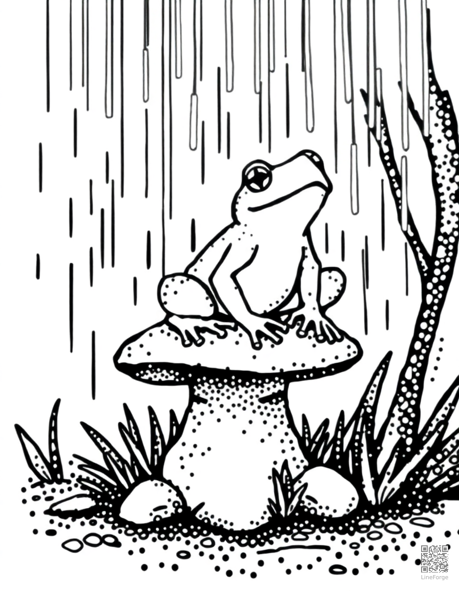 Free frog sitting on a mushroom in the rain coloring page in stipple style — printable line art