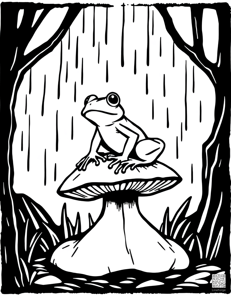 Free frog sitting on a mushroom in the rain coloring page in woodcut style — printable line art