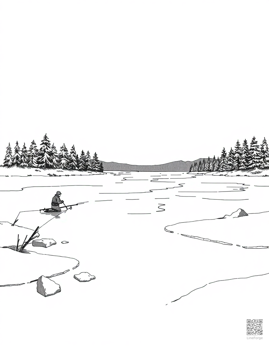 frozen lake with ice fishing coloring page Crosshatch style - free printable
