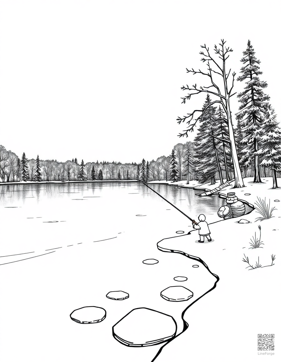 frozen lake with ice fishing coloring page Manga style - free printable