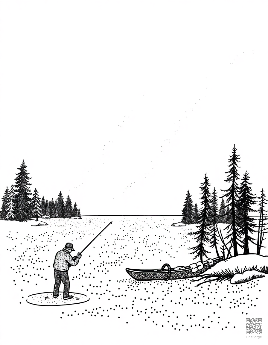 frozen lake with ice fishing coloring page Stipple style - free printable