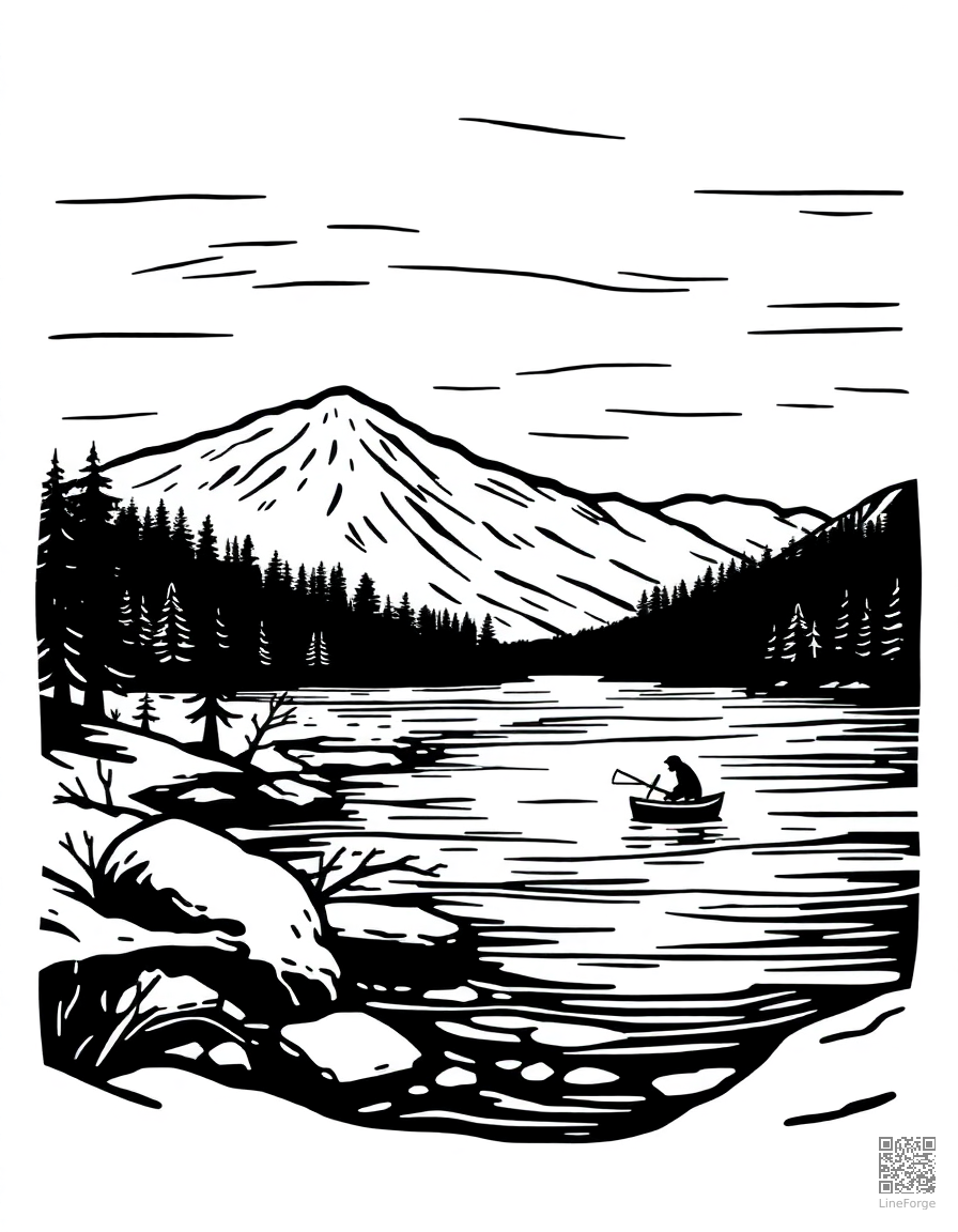 frozen lake with ice fishing coloring page Woodcut style - free printable
