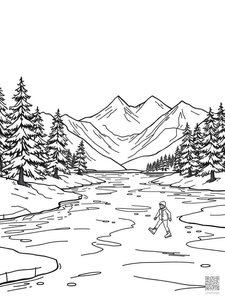 Frozen lake with ice skaters and pine trees coloring page Contour style - free printable