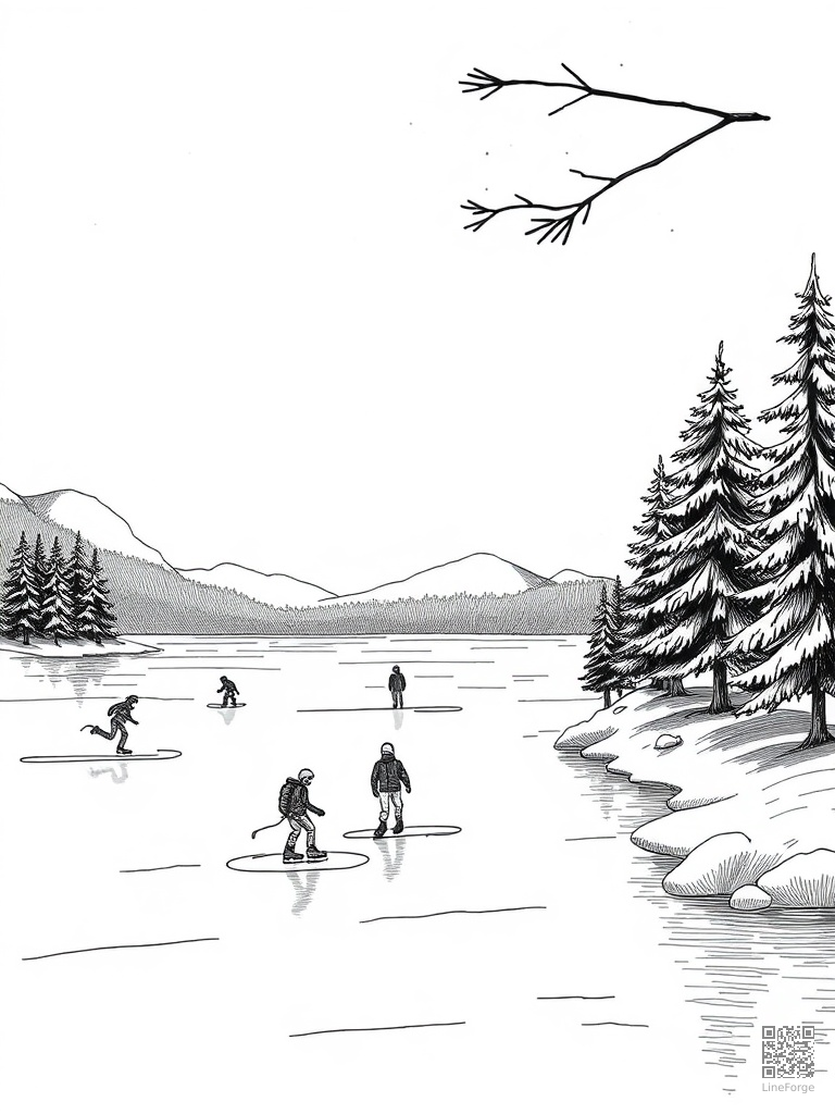 Frozen lake with ice skaters and pine trees coloring page Crosshatch style - free printable