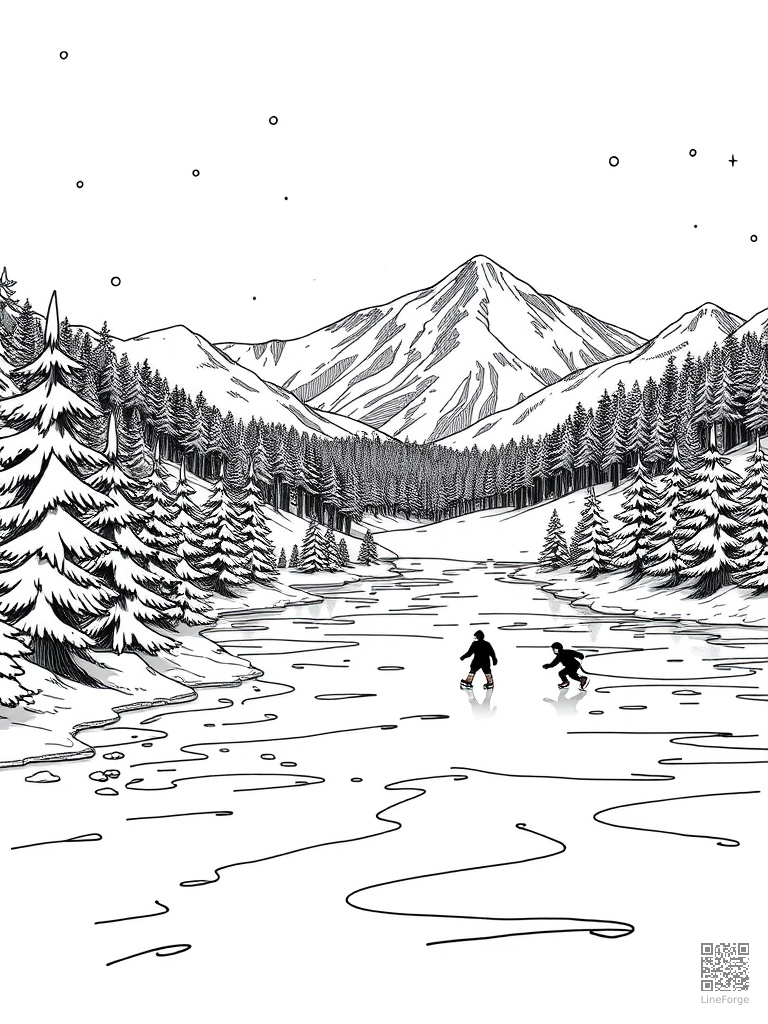 Frozen lake with ice skaters and pine trees coloring page Manga style - free printable
