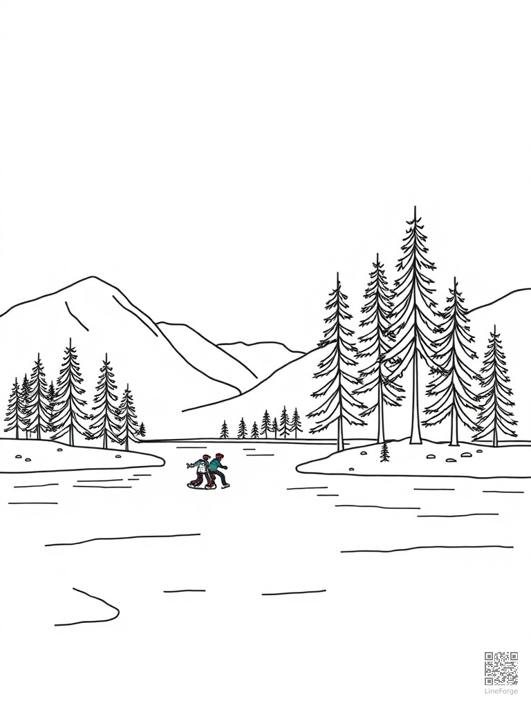 Frozen lake with ice skaters and pine trees coloring page Minimal style - free printable