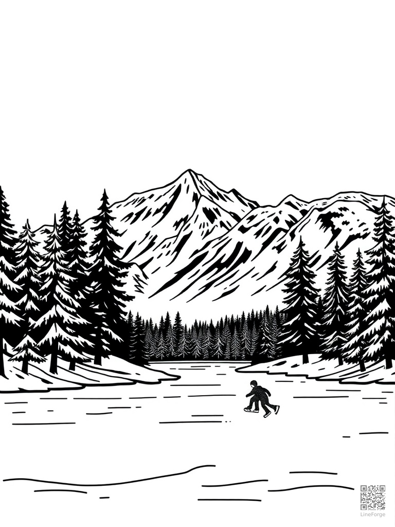 Frozen lake with ice skaters and pine trees coloring page Woodcut style - free printable