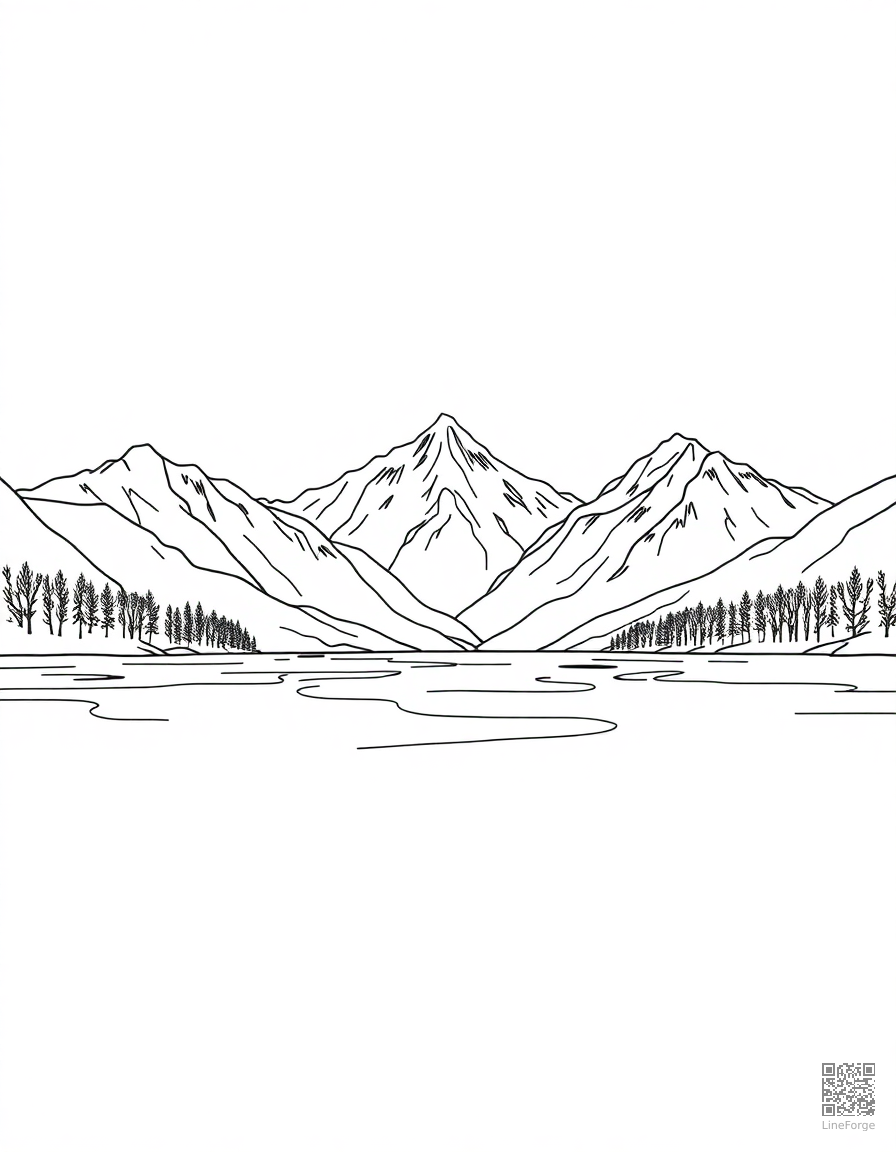 frozen lake with snow-capped mountains coloring page Contour style - free printable