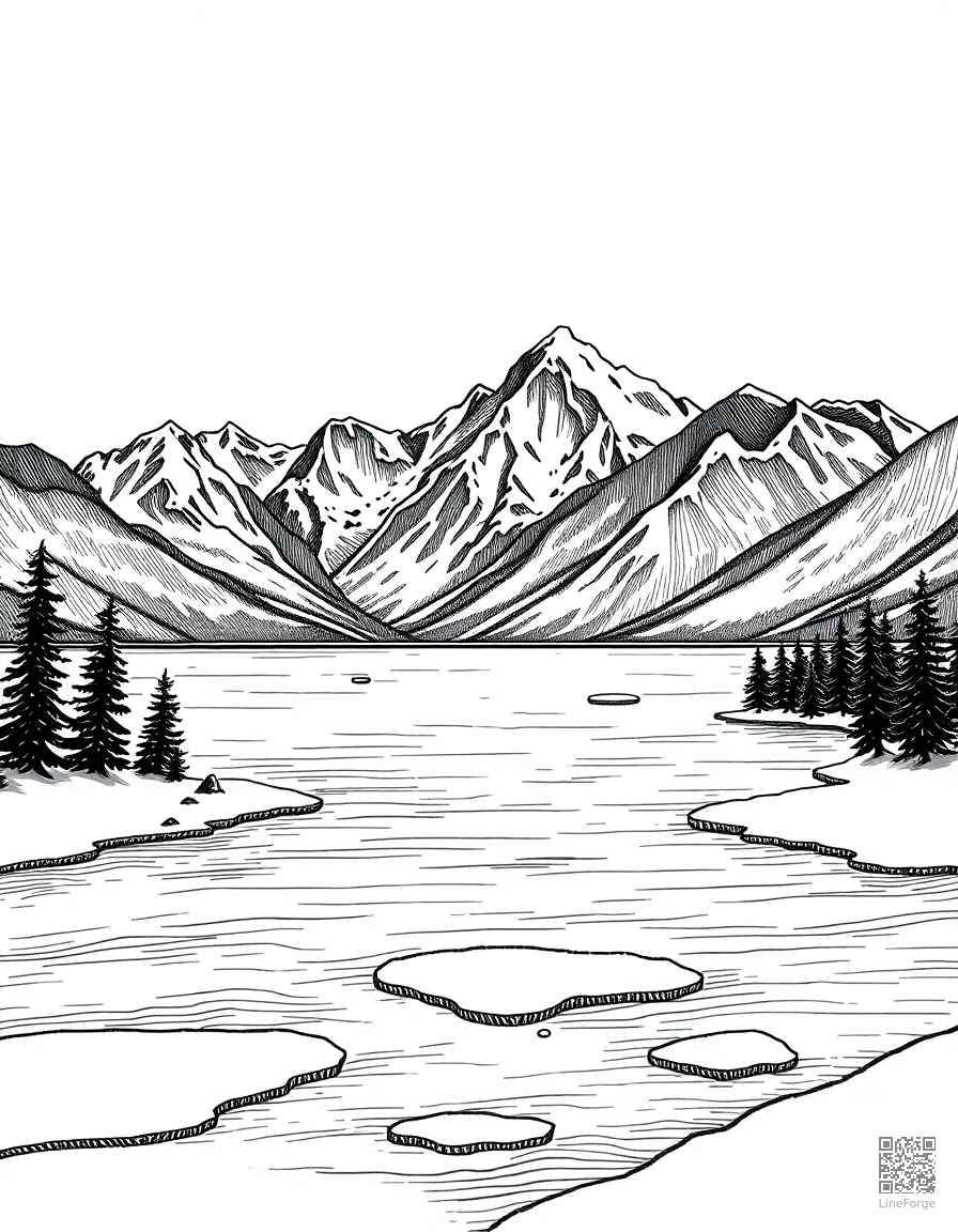 frozen lake with snow-capped mountains coloring page Crosshatch style - free printable