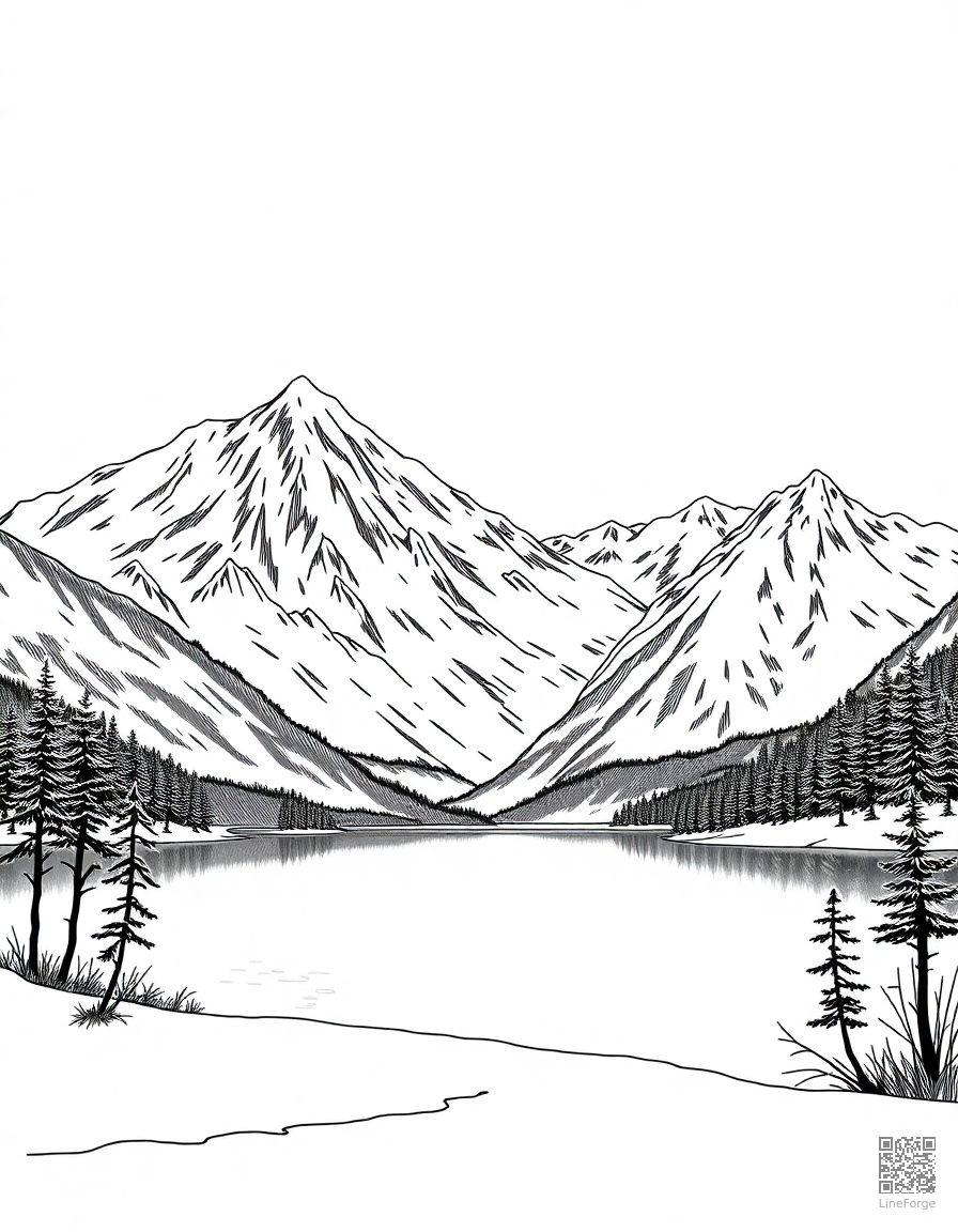 frozen lake with snow-capped mountains coloring page Manga style - free printable
