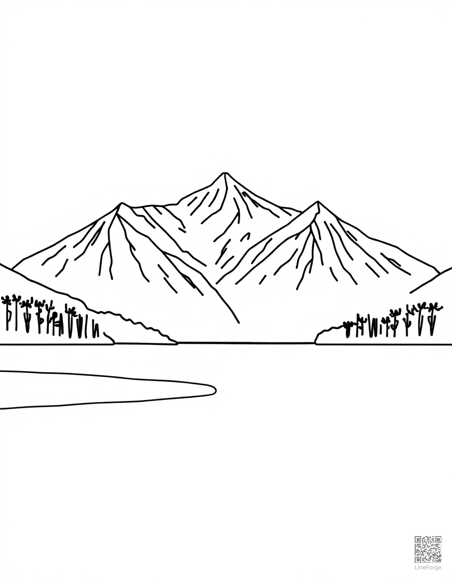 frozen lake with snow-capped mountains coloring page Minimal style - free printable