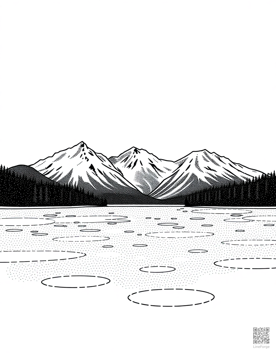 frozen lake with snow-capped mountains coloring page Stipple style - free printable