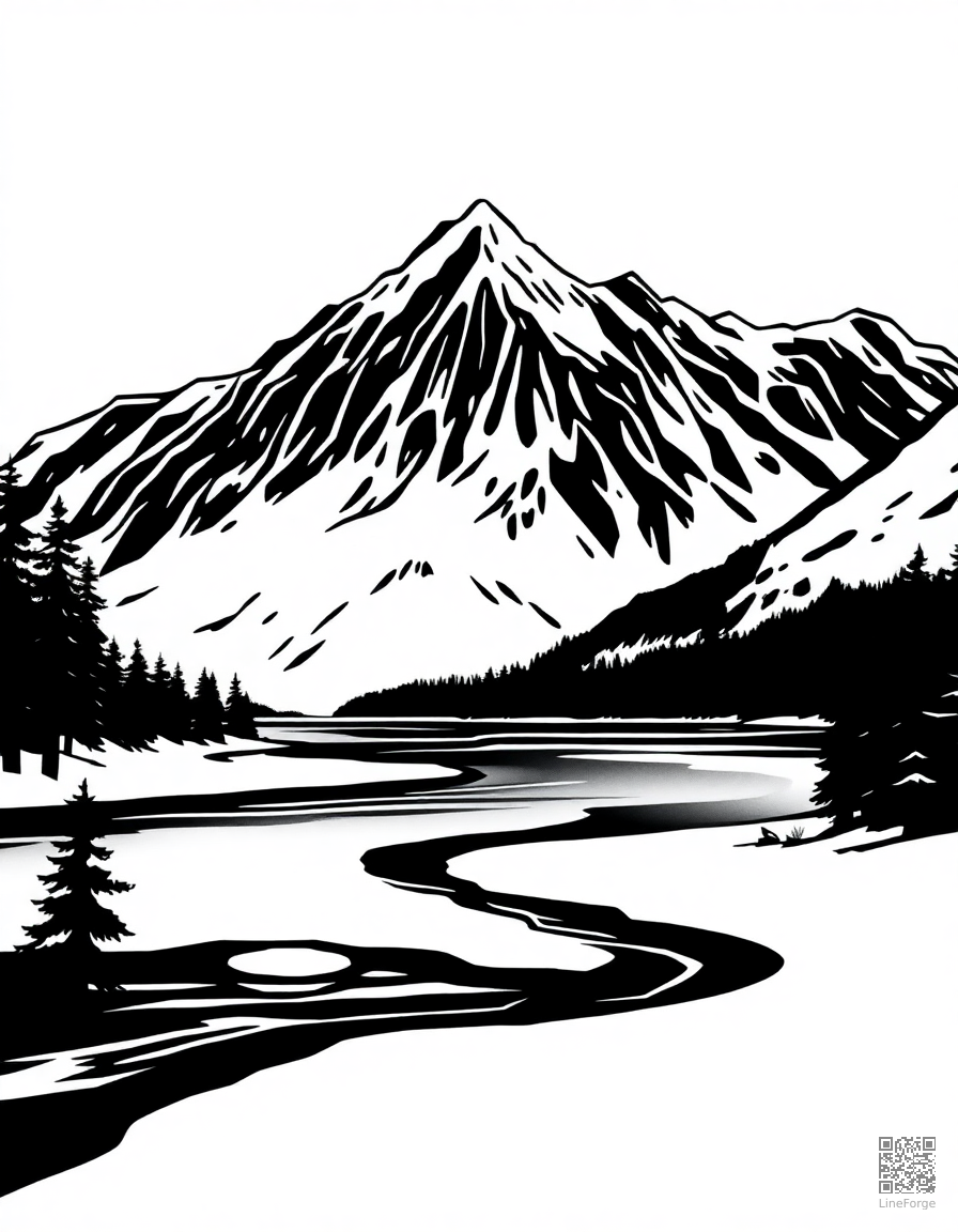 frozen lake with snow-capped mountains coloring page Woodcut style - free printable