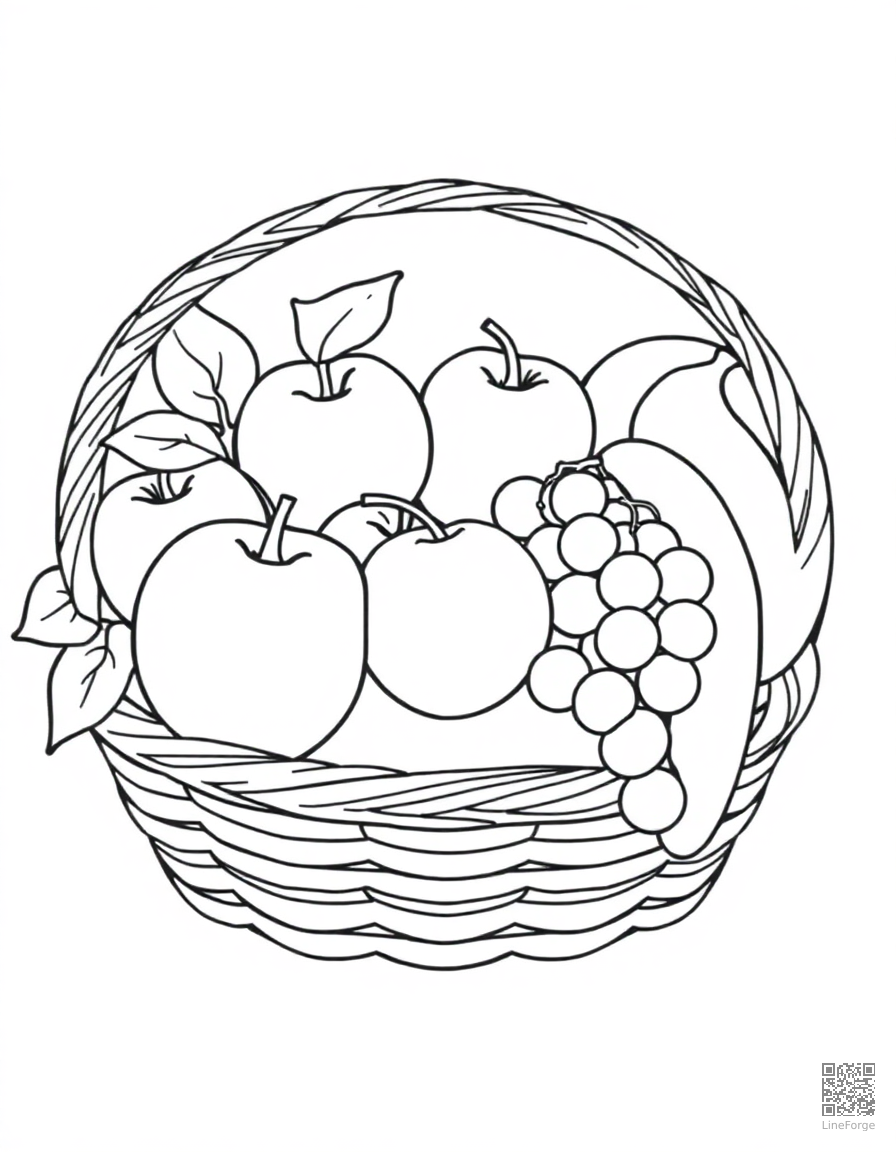 Fruit basket with apples, grapes, and bananas coloring page Contour style - free printable
