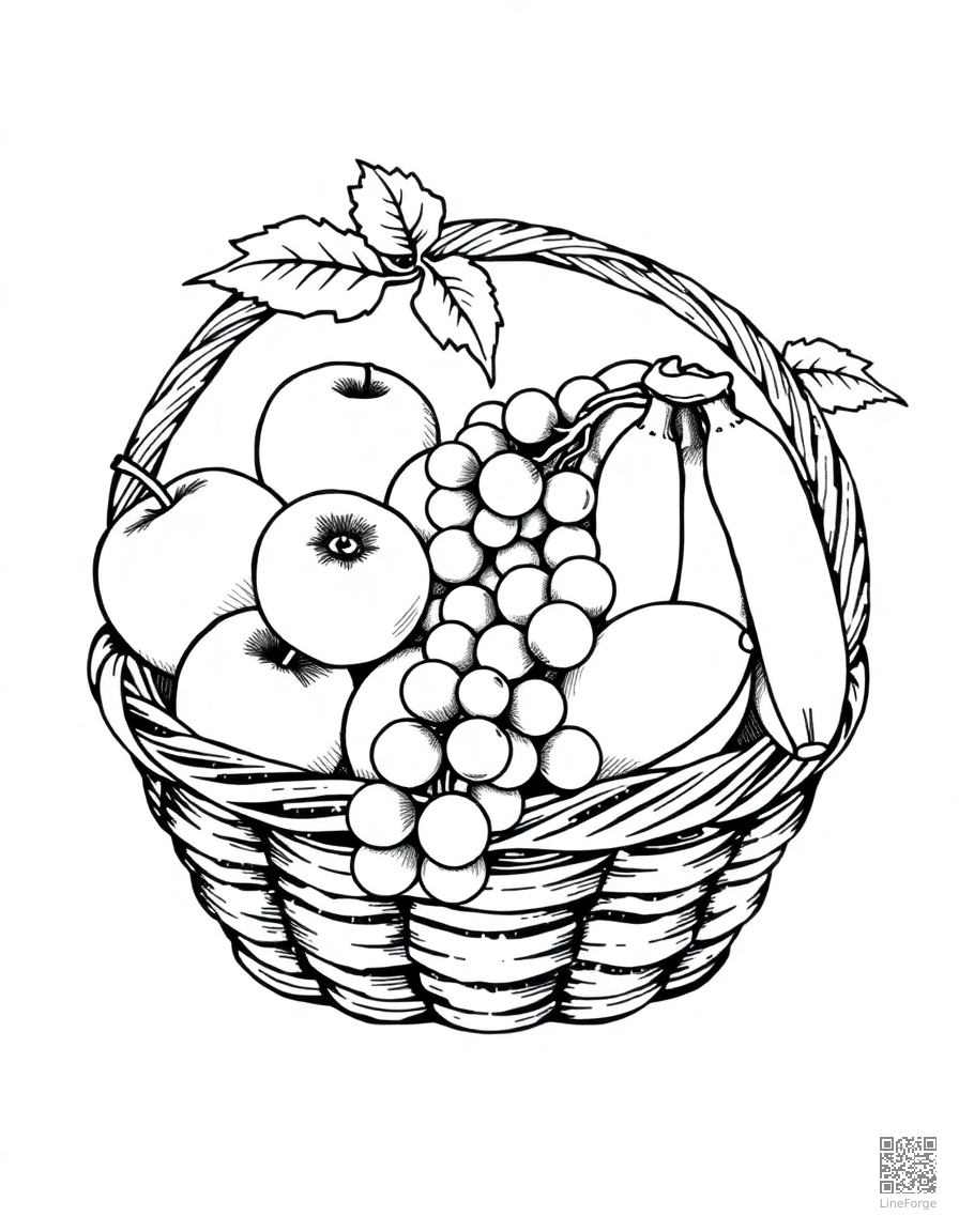Fruit basket with apples, grapes, and bananas coloring page Crosshatch style - free printable