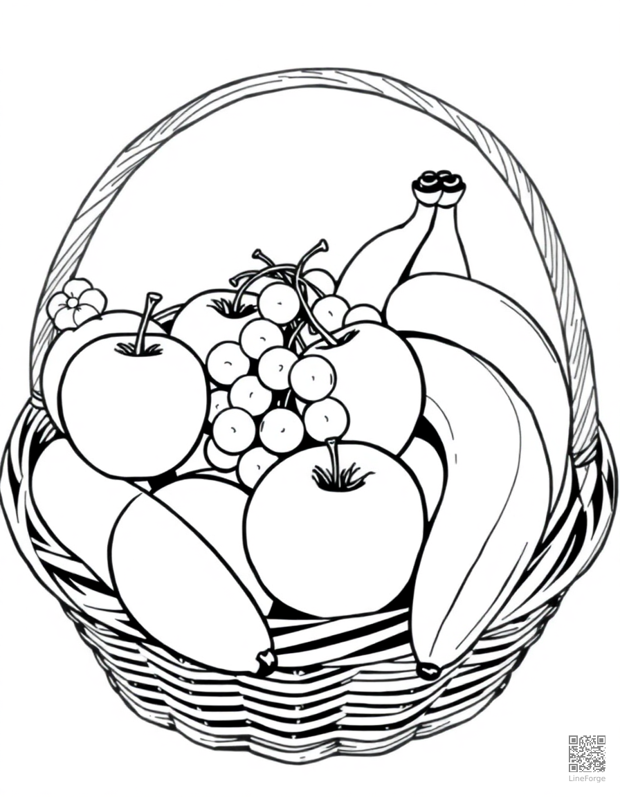 Fruit basket with apples, grapes, and bananas coloring page Manga style - free printable