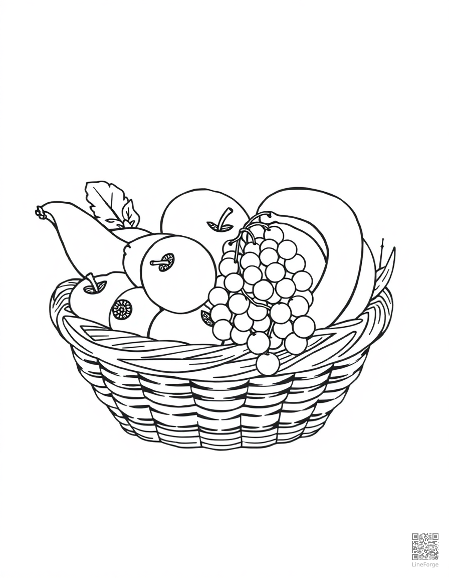 Fruit basket with apples, grapes, and bananas coloring page Minimal style - free printable