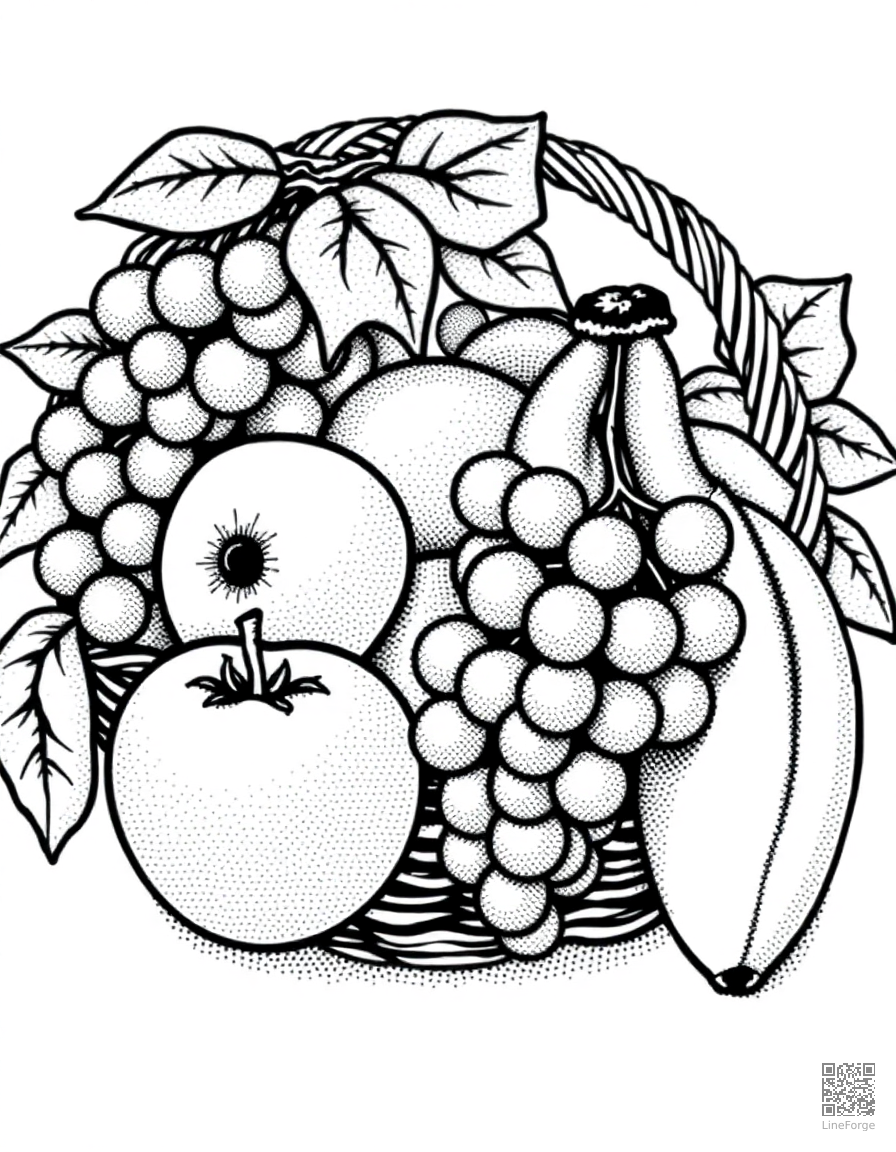 Fruit basket with apples, grapes, and bananas coloring page Stipple style - free printable