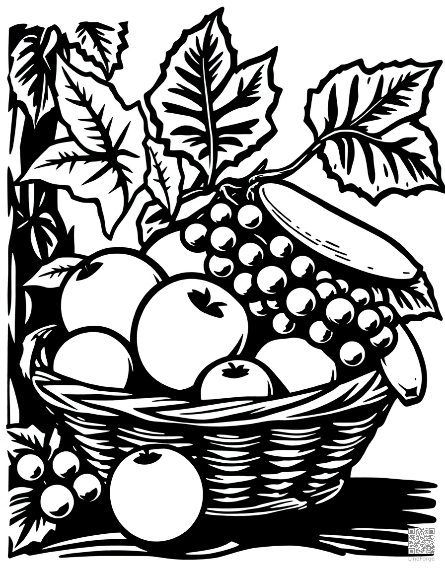 Fruit basket with apples, grapes, and bananas coloring page Woodcut style - free printable
