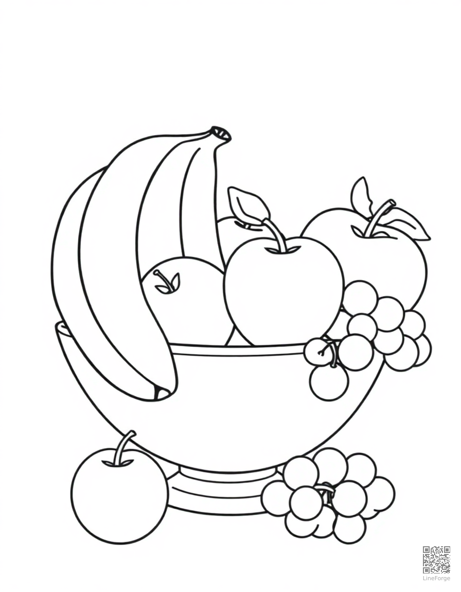 fruit bowl with bananas apples and grapes coloring page Contour style - free printable
