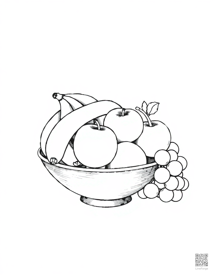 fruit bowl with bananas apples and grapes coloring page Crosshatch style - free printable