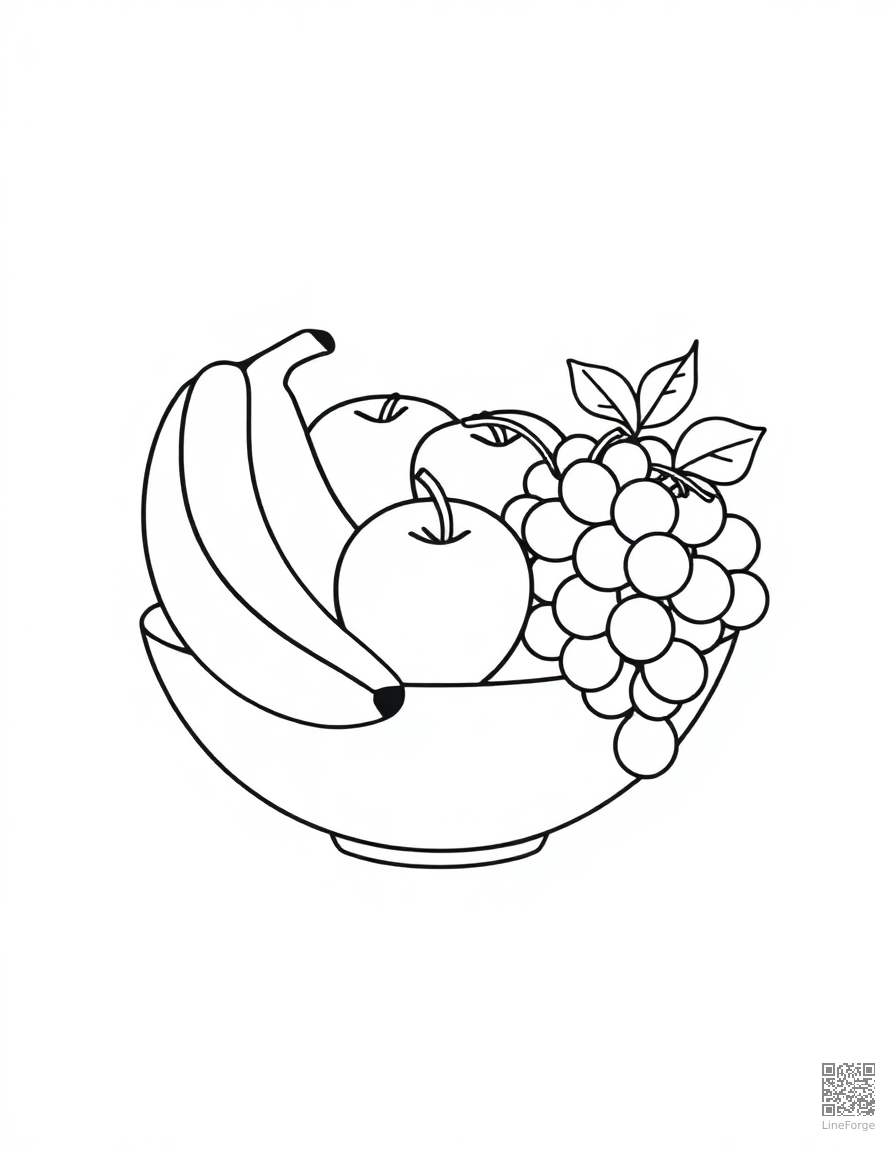 fruit bowl with bananas apples and grapes coloring page Minimal style - free printable
