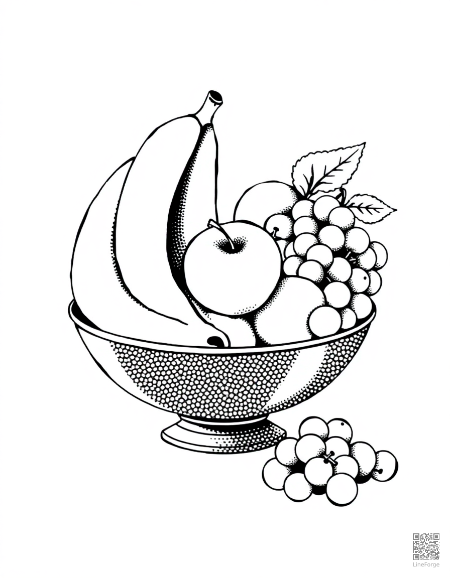 fruit bowl with bananas apples and grapes coloring page Stipple style - free printable