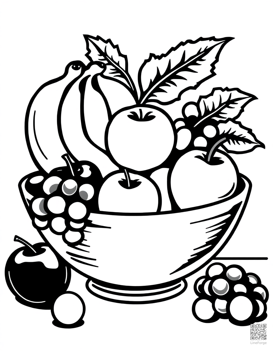 fruit bowl with bananas apples and grapes coloring page Woodcut style - free printable