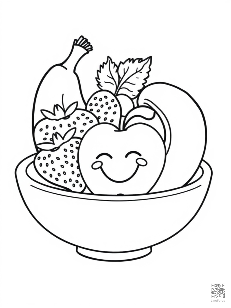 Fruit bowl with smiling apple banana strawberry coloring page Contour style - free printable