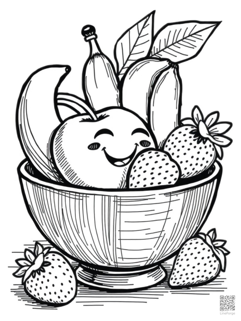 Fruit bowl with smiling apple banana strawberry coloring page Crosshatch style - free printable